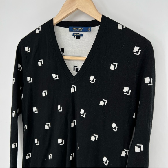 Polo Golf Ralph Lauren Large V-Neck Pullover‎ Sweater Black Whit Print Cotton - Picture 6 of 13